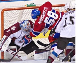Canadiens’ Sven Andrighetto crashes Semyon Varlamov’s crease during Habs’ exhibition win over the Avalanche at Le Colisée in Quebec City on Friday night. Clément Allard/THE CANADIAN PRESS