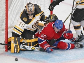 Christian Thomas crashed the Boston net during National Hockey League pre-season game in Montreal Tuesday September 23, 2014.