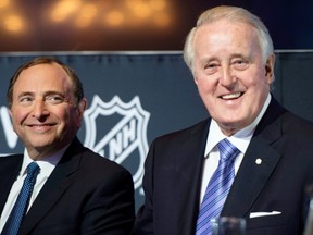 NHL commissioner Gary Bettman and Brian Mulroney, chairman of the board at Quebecor Inc. attended the TVA Sports NHL launch in Boucherville on Wednesday.