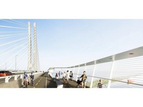 The design for the proposed new Champlain Bridge is shown in this artist’s rendering that shows what it would look like for pedestrians and cyclists, in addition to motorists. Tolling issues remain to be resolved, although there is no plan for tolls for cyclists or walkers.