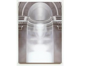 Gwenessa Lam’s work includes four paintings of museum cornices, empty but for ghost images of jars and vases from three Chinese dynasties.
