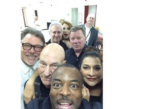Just before going on stage in Chicago, actor LeVar Burton — known to millions of science-fiction fans as Lieutenant Commander Geordi La Forge — took a group selfie of the reunited cast of Star Trek: The Next Generation (plus panel moderator William Shatner), including Jonathan Frakes, Sir Patrick Stewart, Brent Spiner, Marina Sirtis, Gates McFadden and — at the very edge of the frame — Michael Dorn.