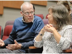 Environmentalist Bill McKibben chats with Ellen Gabriel from Kahnesatake before their speeches at Concordia University on Wednesday. McKibben was in town to talk about the Peoples Climate March and Mobilization in New York later this month.