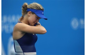 Eugenie Bouchard of Canada reacts during the final match against Petra Kvitova of Czech Republic at the Wuhan Open on Saturday in Wuhan, China.