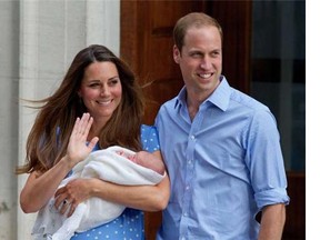 A file picture taken in London on July 23, 2013, shows Britain’s Prince William and Catherine, Duchess of Cambridge, posing for pictures on the birth of their first son, Prince George, at St. Mary’s Hospital. The couple are “very pleased” to announce they are expecting their second child, Kensington Palace said on Monday.