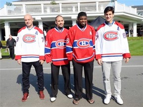 From left, Montreal Canadiens Andrei Markov, Tomas Plekanec, P.K. Subban and Max Pacioretty pose for a photo at the team’s golf tournament in Laval. on Monday Sept. 15, 2014. The Habs have opted to not name a captain, but have named four assistants to share the role of leader on the team.