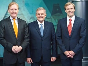 New Brunswick NDP Leader Dominic Cardy, PC Leader David Alward and Liberal Leader Brian Gallant (left to right) vie for the premier's office in Monday's provincial election.