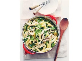 A cooked chicken is the base of a fast pasta dish with fresh spinach for colour.