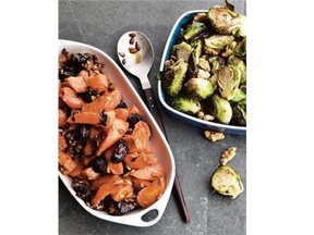 Tzimmes, a sweetened carrot dish, left, and Brussels sprouts salad with green apple. From The Mile End Cookbook by Noah Bernamoff and Rae Bernamoff.
