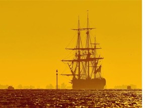 The life-size replica of the Hermione, the French navy frigate that shipped General Lafayette to America to rally rebels fighting British troops in the U.S. war of independence, is anchored off the island of Aix on Sept. 11, 2014, before returning to the western French port of La Rochelle after carrying out sea trials. The 65-metre (210 feet) ship,  which took 17 years to build,  is due to set sail for the United States in April 2015, following the route from the southwestern French port of Rochefort to Boston made by French General Gilbert du Motier in 1780 to bolster American revolutionaries in their fight against British troops.