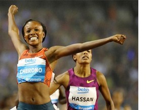 Mercy Cherono from Kenya wins the women’s 3000m at the Diamond League Memorial Van Damme athletics event, at Brussels’ King Baudouin stadium, on Friday, Sept. 5, 2014.