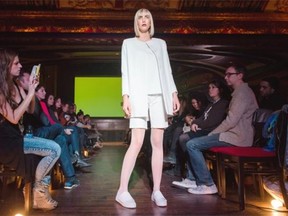 A model walks down the aisle wearing one of Bianca Charneau designs during the annual POP Montreal fashion show and contest held at thew Rialto Theatre.