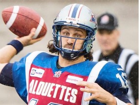 Montreal Alouettes quarterback Jonathan Crompton throws a pass against the Calgary Stampeders during during the second half at Molson Stadium in Montreal on Sunday, Sept. 21, 2014.