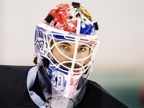 Montreal Canadiens backup goalie Peter Budaj takes part in a team practice at the Bell Sports Complex in Brossard, south of Montreal on Tuesday, Sept. 30, 2014.