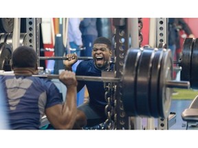 Montreal Canadiens PK Subban grimaces as he lifts weights during team practice at the Brossard Sports complex in Montreal on Thursday September 18, 2014.