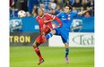 Montreal Impact’s Andres Romero, right, and San Jose Earthquakes’ Jordan Stewart battle for the ball during the Impact’s 2-0 win last Saturday at Saputo Stadium. Despite being unbeaten at home in their last six games the Impact have been elminated from MLS playoff contention.