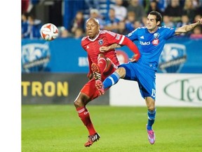 Montreal Impact’s Andres Romero, right, and San Jose Earthquakes’ Jordan Stewart battle for the ball during the Impact’s 2-0 win last Saturday at Saputo Stadium. Despite being unbeaten at home in their last six games the Impact have been elminated from MLS playoff contention.