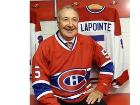Former Montreal Canadiens player Guy Lapointe next to his sweather, following the announcement by the Habs that they will retire his jersey. During press conference in Montreal.