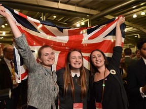 Pro-Union supporters celebrate as Scottish referendum polling results are announced at the Royal Highland Centre in Edinburgh, Scotland, on September 19, 2014. Scotland appeared set to reject independence on Friday with 23 out of 32 voting areas declared and the crucial Glasgow region having given its result. AFP PHOTO / LEON NEALLEON NEAL/AFP/Getty Images