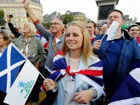 Pro-union supporters, opposing Scottish independence from the United Kingdom, rally in Trafalgar Square in London on Sept.15, 2014, ahead of the Scottish independence referendum.