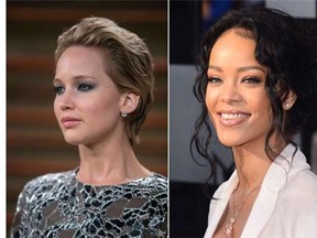 Oscar-winner Jennifer Lawrence, left, and pop star Rihanna were among celebrities who had nude photos purportedly of themselves circulated on social media Sunday.