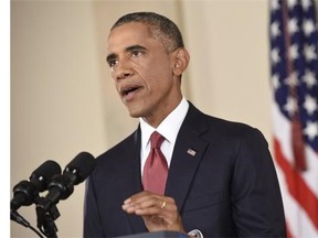 U.S. President Barack Obama delivers a prime time address from the Cross Hall of the White House on September 10, 2014 in Washington, D.C. Vowing to target the Islamic State with air strikes “wherever they exist,” Obama pledged to lead a broad coalition to fight IS and work with “partner forces” on the ground in Syria and Iraq.