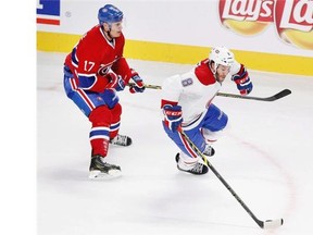 Rene Bourque and Brandon Prust during the Montreal Canadiens Red-White intra-squad game at the Bell Centre in Montreal Monday, Sept. 22, 2014.