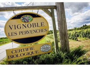 The sign outside the Vignoble Les Pervenches organic winery in Farnham, 65 km southeast of Montreal on Thursday, July 19, 2012. Vignoble Les Pervenches is a three-hectare organic winery that was established by Veronique Hupin and Michael Marler in 2000. (Dario Ayala/THE GAZETTE)