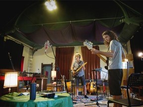 Simon Kearney, left, and Christophe Hamel check out the sound in the rechristened Grand Lodge No. 24. “Big rooms like that are usually annoying, because there’s a lot of reverb,” Emery Street Studios project manager and producer Seb Black says. “But there’s something unique about this room — it’s got a lot of decay to it, but there’s no reverb; it doesn’t bounce back.”