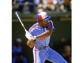 Andre Dawson (#10) of the Montreal Expos swings during a 1986 season game against the San Diego Padres at Jack Murphy Stadium in San Diego, California.