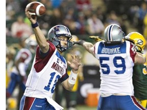 Montreal Alouettes quarterback Jonathan Crompton throws a pass against the Hamilton Tiger-Cats Sunday, Sept. 7 at Molson Stadium.