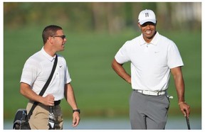 “Am I looking for a new coach? As of right now, no, I’m not,” Tiger Woods says, after firing his swing coach, Sean Foley, left, last month.  “Right now I’m just trying to get physically better, stronger, faster, more explosive."