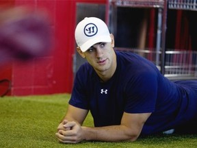 Canadiens' Max Pacioretty takes a break between physical endurance tests during team practice at the Brossard Sports complex in Montreal on Thursday Sept. 18, 2014.