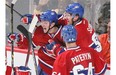 The Habs celebrate after scoring a goal against the Boston Bruins during National Hockey League pre-season game in Montreal, Tuesday, Sept. 23, 2014.