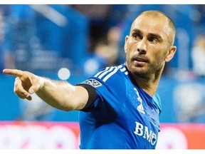 Montreal Impact's Marco Di Vaio celebrates after scoring against the L.A.Galaxy during first half MLS soccer action in Montreal, Wednesday, September 10, 2014.