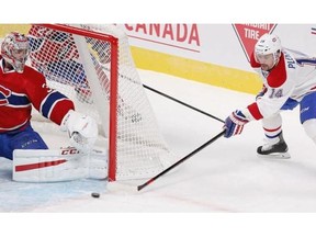 Tomas Plekanec behind the net during the Montreal Canadiens Red-White intra-squad game at the Bell Centre in Montreal Monday, Sept. 22, 2014.