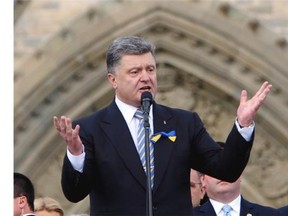 Ukrainian President Petro Poroshenko addresses the Canadian Ukranian community on Parliament Hill, in Ottawa, Wednesday September 17, 2014.