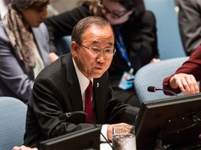 United Nations Secretary General Ban Ki-Moon speaks at a United Nations Security Council meeting on the ebola outbreak in west Africa on September 18, 2014 in New York City. The Security Council listened to a report by David Nabarro, Senior United Nations System Coordinator for Ebola Virus Disease.
