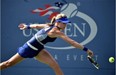 Westmount’s Eugenie Bouchard returns a shot to Ekaterina Makarova of Russia during their U.S. Open women’s singles match Monday in New York.