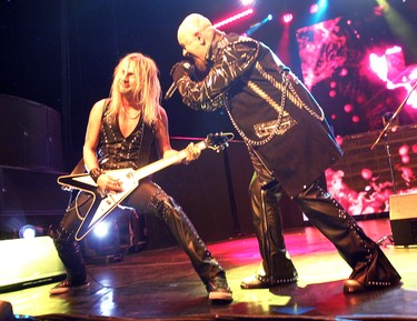 Judas Priest guitarist Richie Faulkner and singer Rob Halford in concert at the Bell Centre in Montreal Monday October 06, 2014.  (John Mahoney  / THE GAZETTE)