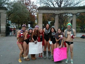McGill swim team members strapped on suits for a chilly 2013 fundraiser. From left, they are Erik Cheng, Becky Cheverton, Jen Henderson, Tedra Bolger, Simone Cseplo, Adriane Lui, Rayven Snodgrass and Oliver Clark. The team will be raising cold cash again later this month in support of breast cancer research.