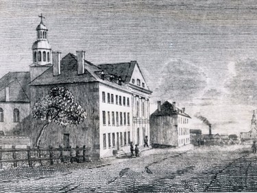 A view of St-Denis St looking south around the corner of what is now de Maisonneuve Blvd. in 1839.