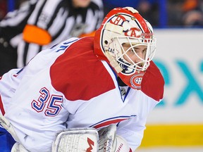 Canadiens goalie Dustin Tokarski focuses on the play Monday night in Edmonton.