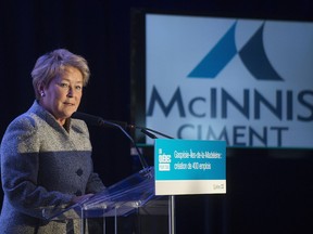 Former Quebec Premier Pauline Marois at a news conference in Port-Daniel-Gascons, Que., Friday, Jan. 31, 2014 where she announced the go ahead of McInnis Cement's cement plant project.
