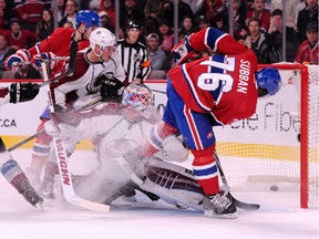 P.K. Subban of the Canadiens scores his second goal of the game on Calvin Pickard of the Colorado Avalanche at the Bell Centre on Oct. 18, 2014 in Montreal.