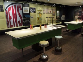 Counters and stools are seen at Bens, The Legendary Deli, an exhibit on the legendary Montreal Bens Delicatessen Tuesday, June 17, 2014 in Montreal.