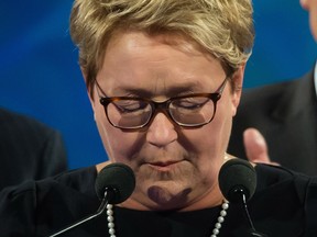 Former Parti Québécois leader Pauline Marois speaks to supporters after the PQ's devastating defeat on   election night, April 7, 2014.