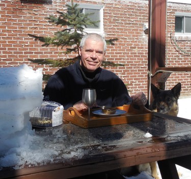 Eating lunch outside on the patio.