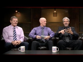 Former Canadien Chris Nilan (left) joins Montreal Gazette sports editor/host Stu Cowan,columnist Jack Todd and blogger Mike Boone (not shown in photo) for taping of the HI/O Show for the hockeyinsideout.com website on Oct. 22, 2014.