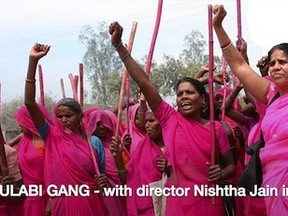 Sampat Palm right, and members of the Gulabi Gang, which fights for the rights of women and the poor in India. (Image is from Facebook page of Cinema Politica.)